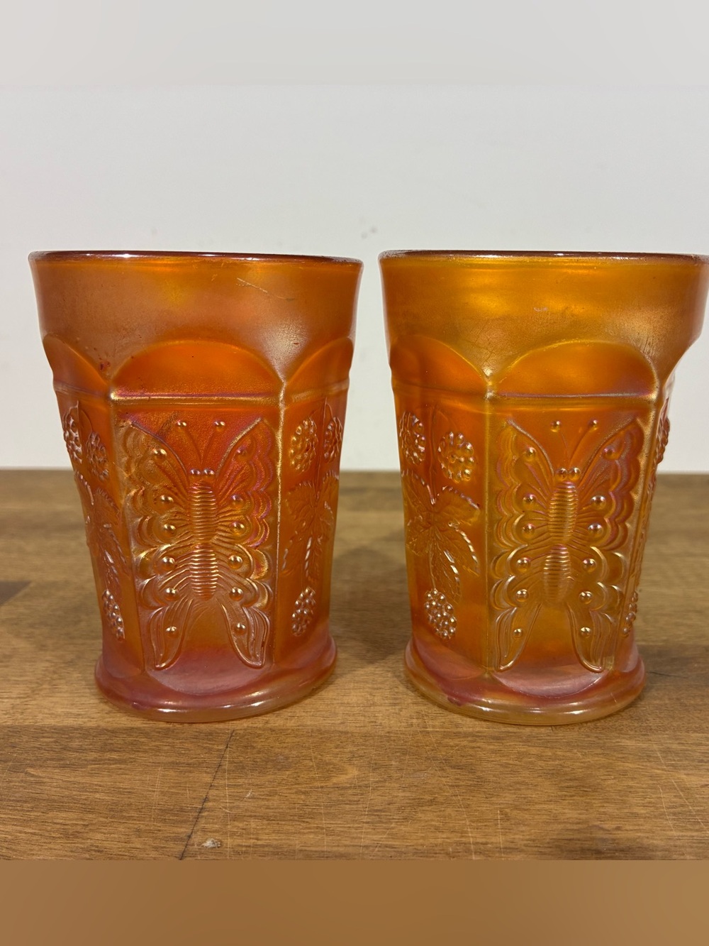 Fenton Butterfly & Berry Marigold Carnival Glass Tumblers Set of 2 Vintage